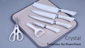  Presentation with gray - PPT theme featuring set-of-white-pastic-kitchenware background and a light blue colored foreground