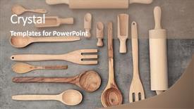  Presentation with kitchen utensils - Slide set featuring set of wooden kitchen utensils background and a coral colored foreground