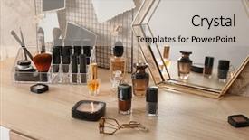  Presentation with cosmetic - Theme with set on wooden dressing table background and a light gray colored foreground