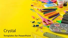  Presentation with school - Presentation theme consisting of set school supplies on yellow background and a gold colored foreground