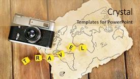  Presentation with camera - Presentation design featuring set square - retro camera on world map background and a coral colored foreground