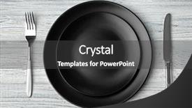  Presentation with empty - Colorful presentation design enhanced with set table - empty plate fork and knife backdrop and a  colored foreground