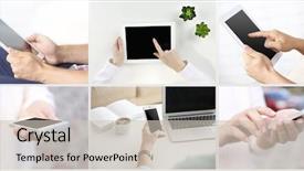  Presentation with mobile phone in woman hand - Presentation design featuring set touch screen smart phones - hand holding mobile phone background and a soft green colored foreground