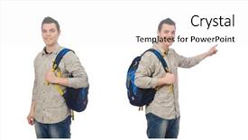  Presentation with backpack - Presentation theme with set up university - smiling caucasian student with backpack background and a white colored foreground