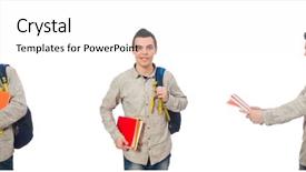  Presentation with tan book stack stacks of books - Slide deck consisting of set up university - smiling caucasian student with backpack background and a  colored foreground