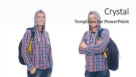  Presentation with backpack - Beautiful PPT theme featuring set up university - smiling caucasian student with backpack backdrop and a  colored foreground