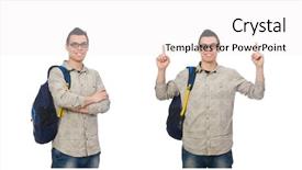  Presentation with backpack - Cool new theme with set up university - smiling caucasian student with backpack backdrop and a  colored foreground