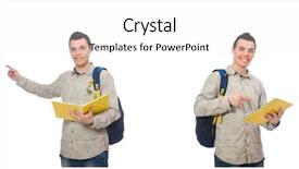  Presentation with backpack - Beautiful presentation design featuring set up university - smiling caucasian student with backpack backdrop and a  colored foreground