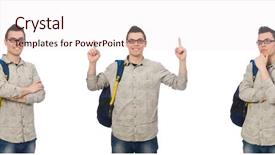  Presentation with student subscription - Presentation theme having set up university - smiling caucasian student with backpack background and a  colored foreground