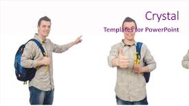  Presentation with student evaluation - Colorful presentation design enhanced with set up university - smiling caucasian student with backpack backdrop and a pink colored foreground