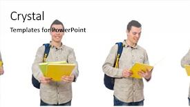  Presentation with backpack - Cool new slide set with set up university - smiling caucasian student with backpack backdrop and a white colored foreground