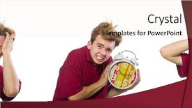  Presentation with alarm - Presentation enhanced with set up university - student holding alarm clock isolated background and a lemonade colored foreground