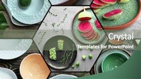  Presentation with ceramic - Slide set with set with beautiful ceramic dishware background and a gray colored foreground