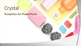  Presentation with household products - Amazing PPT theme having cleaning set with products backdrop and a  colored foreground