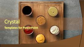  Presentation with sauces - Cool new PPT theme with set yogurt - wooden plate with different sauces backdrop and a tawny brown colored foreground