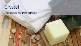  Presentation with water treatment - Presentation design having setting for a spa beauty treatment consisting of a bowl of floral scented water and pebbles for stone therapy background and a sky blue colored foreground