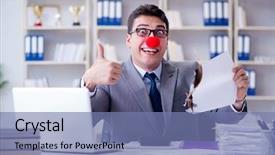  Presentation with burning paper - Audience pleasing presentation theme consisting of setting up success - clown businessman burning paper papers backdrop and a  colored foreground