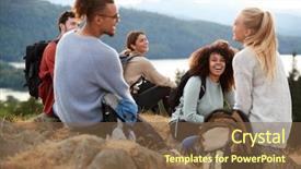  Presentation with friends - Slides enhanced with setting up success - five young adult friends sit background and a tawny brown colored foreground