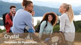  Presentation with friends - Theme with setting up success - five young adult friends sit background and a coral colored foreground