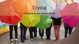  Presentation with pedestrian - Presentation design with seven teens with opened umbrellas background and a yellow colored foreground