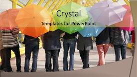  Presentation with pedestrian - Slide set having seven teens with opened umbrellas background and a yellow colored foreground