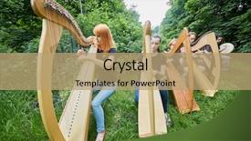  Presentation with play - PPT layouts with seven young musicians play harps background and a coral colored foreground