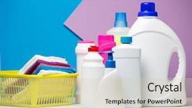  Presentation with for blue colored resource - Theme consisting of several bottles of cleaning products background and a soft green colored foreground