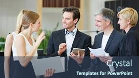  Presentation with decision - Slides with several-business-people-discuss background and a ocean colored foreground