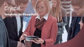  Presentation with conference - Amazing slides having several-delegates-standing-in-conference backdrop and a coral colored foreground