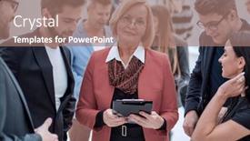  Presentation with conference - Presentation having several-delegates-standing-in-conference background and a coral colored foreground