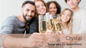  Presentation with flutes - Amazing presentation theme having several flutes with sparkling champagne held by group of joyful young friends during toast for new year backdrop and a coral colored foreground