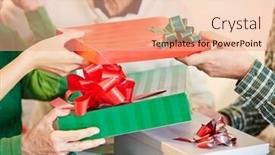  Presentation with give - PPT layouts having several-hands-give-wrapped-presents background and a coral colored foreground