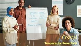  Presentation with whiteboard - Slide deck featuring several-happy-young-intercultural-students background and a tawny brown colored foreground