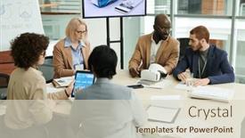  Presentation with coworkers - Presentation featuring several-intercultural-coworkers-in-formalwear background and a soft green colored foreground