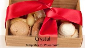  Presentation with corrugated cardboard - Presentation design with several kinds of cookies and cakes in open box of corrugated cardboard tied with red ribbon background and a coral colored foreground