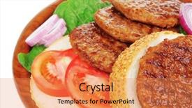  Presentation with hamburger - Cool new PPT theme with several large hamburger with loaf on wooden plate isolated over white background backdrop and a coral colored foreground