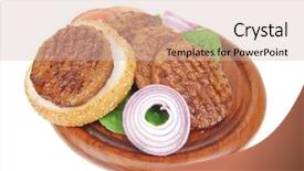  Presentation with hamburger - Beautiful slides featuring several large roast hamburger with loaf on wooden plate isolated over white background backdrop and a soft green colored foreground