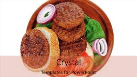  Presentation with hamburger - Slide set featuring several large roast hamburger with loaf on wooden plate isolated over white background background and a red colored foreground