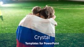  Presentation with wrapped flag - PPT layouts featuring several little soccer players standing in embrace wrapped into national flag background and a navy blue colored foreground