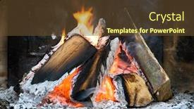  Presentation with flames - Presentation theme with several logs burning in a small fireplace surrounded by ashes smoke and flames background and a tawny brown colored foreground