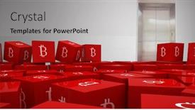  Presentation with elevator - Colorful slides enhanced with several red cube with bit coin sign on each side against room with elevator backdrop and a light gray colored foreground