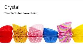  Presentation with muffin - PPT layouts having several stacks of colorful muffin or cupcake cups isolated on white background as border background and a white colored foreground