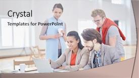  Presentation with search button searching information online - Presentation theme with several young associates in formalwear background and a white colored foreground