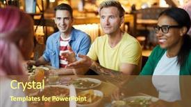  Presentation with restaurant menu bistro cafe - Beautiful slide deck featuring several young intercultural friends having backdrop and a tawny brown colored foreground