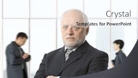  Presentation with lobby - Audience pleasing slide set consisting of severe senior businessman with arms crossed in office lobby looking at camera backdrop and a sky blue colored foreground