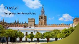  Presentation with tower - Presentation theme consisting of alcazar of sevilla andalusia background and a light blue colored foreground