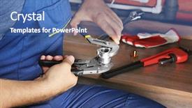  Presentation with water pipe - Amazing slide deck having sewarage water - hands of plumber holding wrenches backdrop and a teal colored foreground