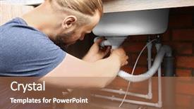  Presentation with pipes - Colorful theme enhanced with sewarage water - portrait of handsome plumber repairing backdrop and a coral colored foreground