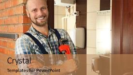  Presentation with hvac pipe - PPT theme having sewarage water - portrait of handsome plumber background and a coral colored foreground