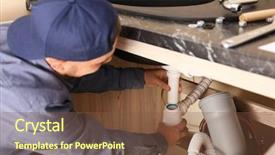  Presentation with plumber - Presentation theme with sewarage water - professional male plumber replacing sink background and a tawny brown colored foreground